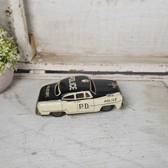 Vintage 1950s Marsan Litho Tin Friction Toy Police Car  Japan- Retro Metal Cars